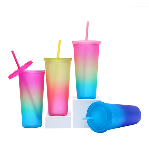 800ml Gradient Color Double Walled Insulated Cup with Straw