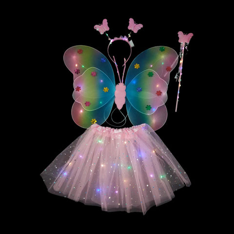 LED Butterfly Rainbow Wings + Glittery Skirt 4 Piece Set