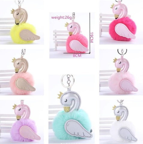 Swan Fur Ball Keychains - pack of 12 assorted colors