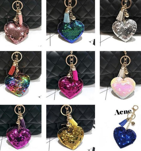 Sequins Heart Tassel Keychains - pack of 12 assorted colors