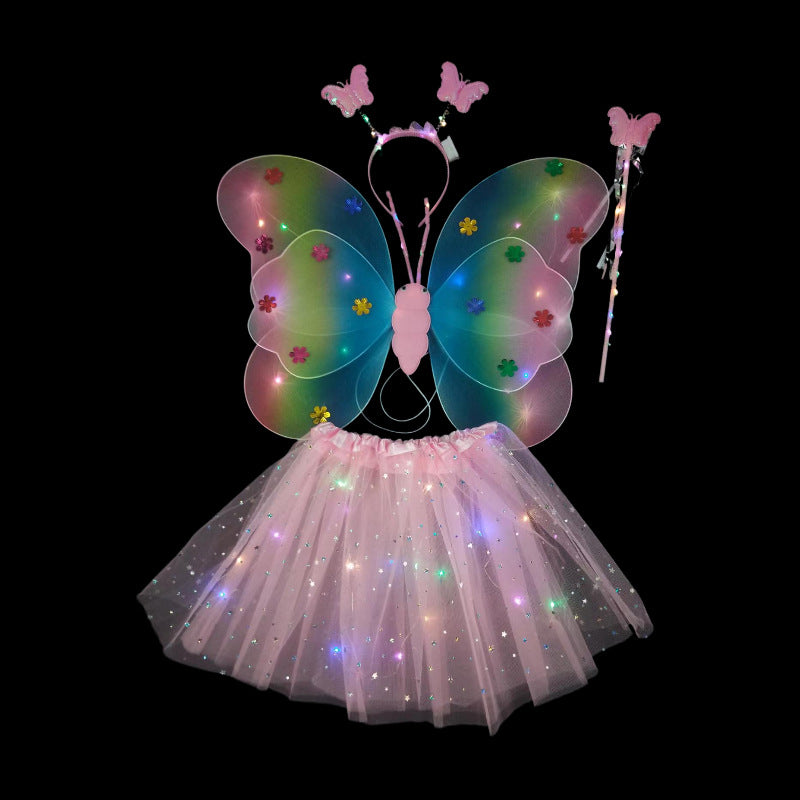LED Butterfly Rainbow Wings + Glittery Skirt 4 Piece Set