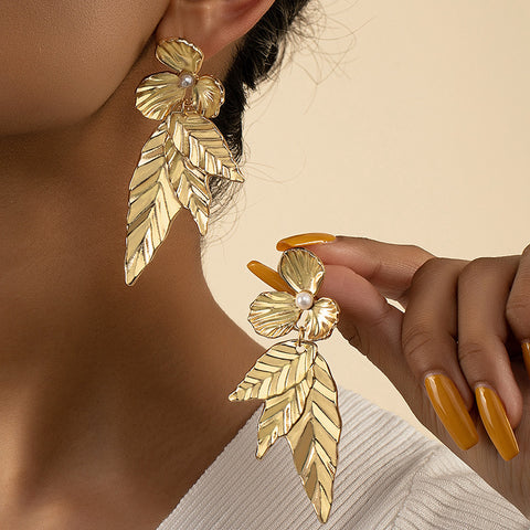 Pearl Leaves Earrings E825 Gold