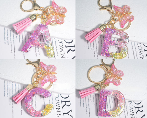 Resin Initial Key Chain With Butterfly