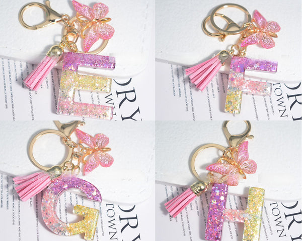 Resin Initial Key Chain With Butterfly
