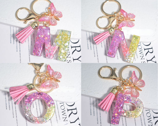 Resin Initial Key Chain With Butterfly