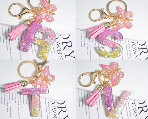 Resin Initial Key Chain With Butterfly