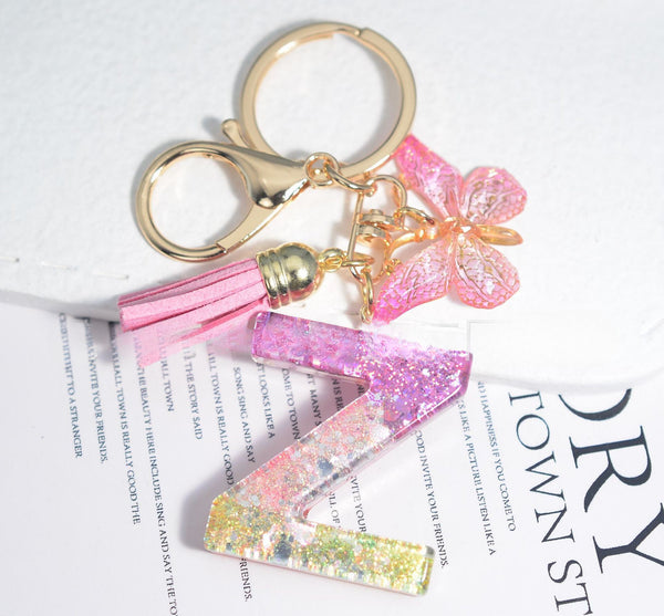 Resin Initial Key Chain With Butterfly
