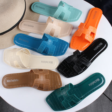 Plaid Jelly Square Toe Flip Flops