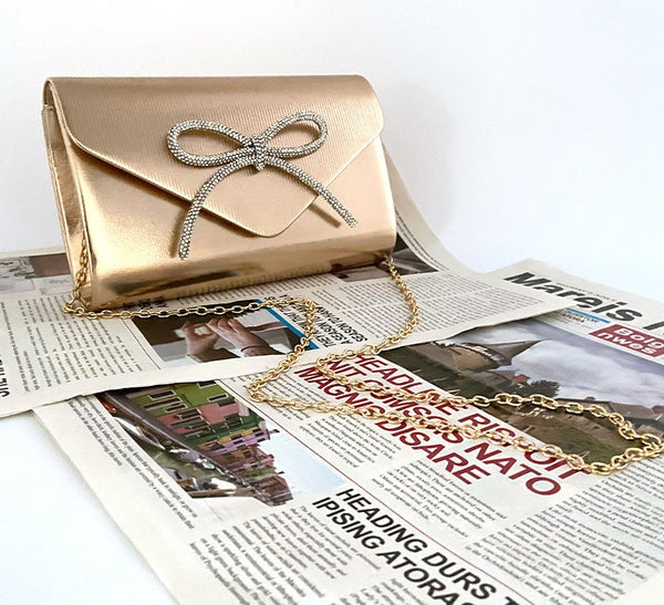 Metallic Diamante Bow Evening Clutch