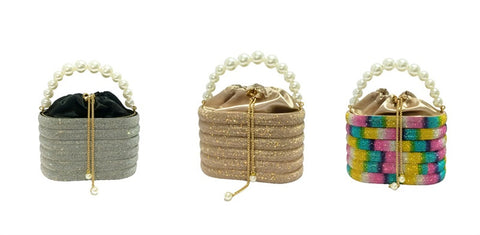 Drawstring Rhinestone Metal Bucket Evening Bag