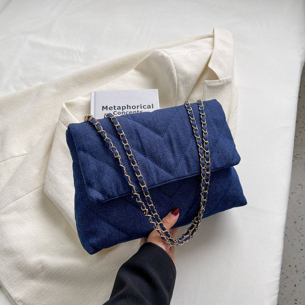 Denim Embroidered Chain Strap Shoulder Bag