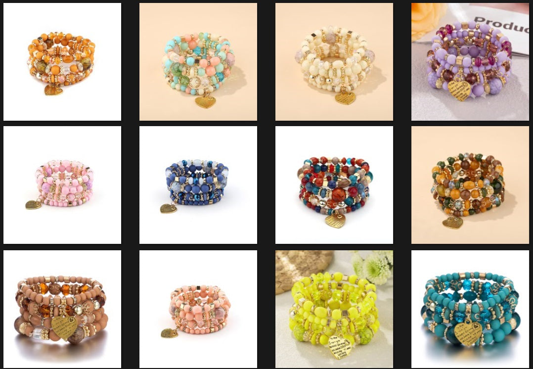 Bohemian Multi-Layer Crystal Heart Bead Bracelets