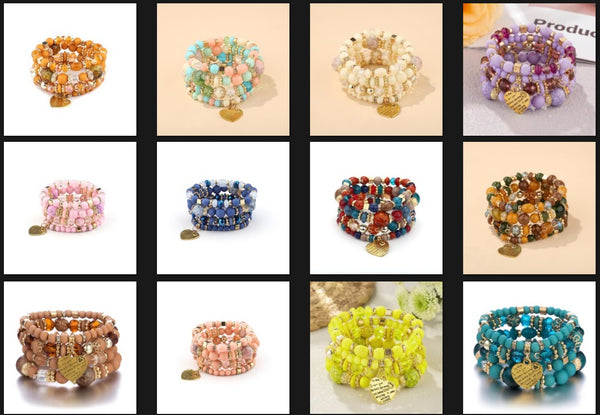 Bohemian Multi-Layer Crystal Heart Bead Bracelets
