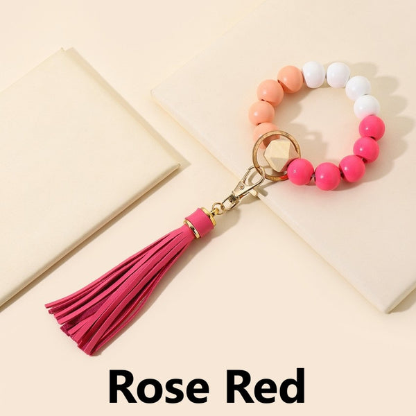 Tassel Wood Bead Bracelet Key Chain