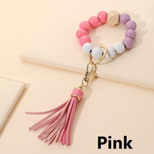 Tassel Wood Bead Bracelet Key Chain