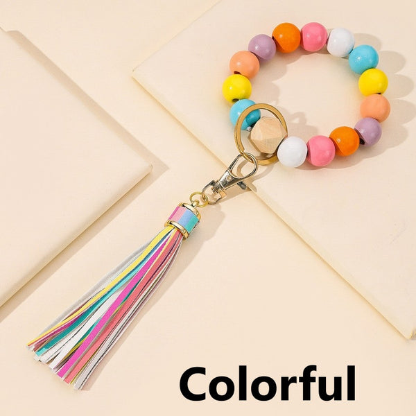 Tassel Wood Bead Bracelet Key Chain
