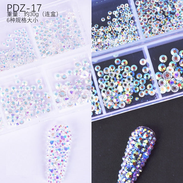 AB Glass Flat Bottom Nail Art Rhinestone 6 Grid Box