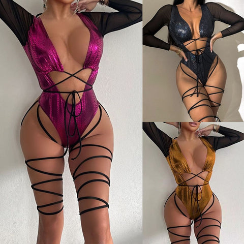 Long Sleeve 1 Piece Strappy Metallic Swimsuit DY22A17