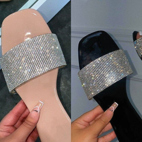 Rhinestone Square Toe Jelly Slippers
