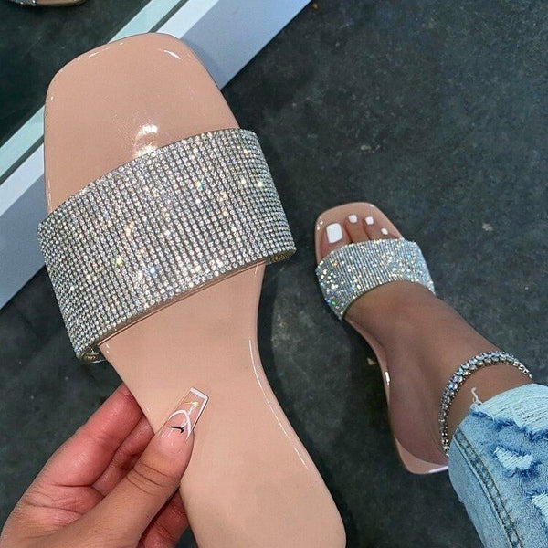 Rhinestone Square Toe Jelly Slippers