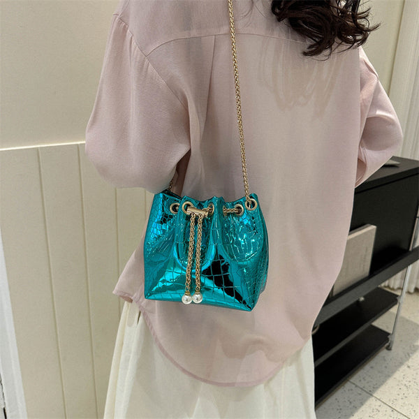 Metallic Drawstring Pouch With Pearls