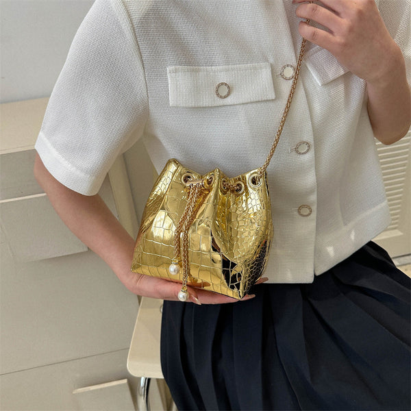 Metallic Drawstring Pouch With Pearls