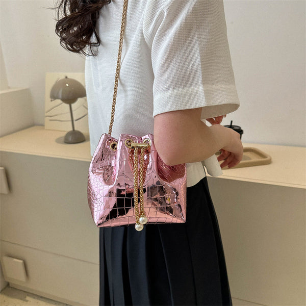 Metallic Drawstring Pouch With Pearls