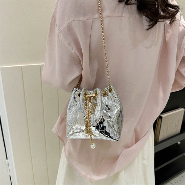 Metallic Drawstring Pouch With Pearls