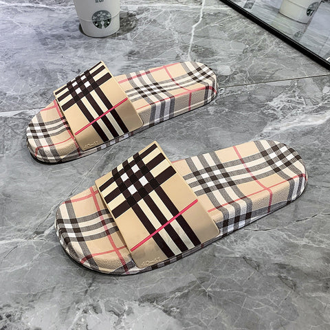 Plaid Slides Khaki B888