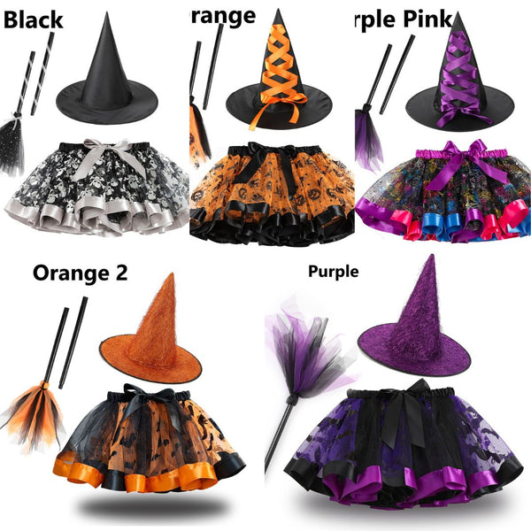 Halloween Printed Tutu Skirt + Hat + Broom