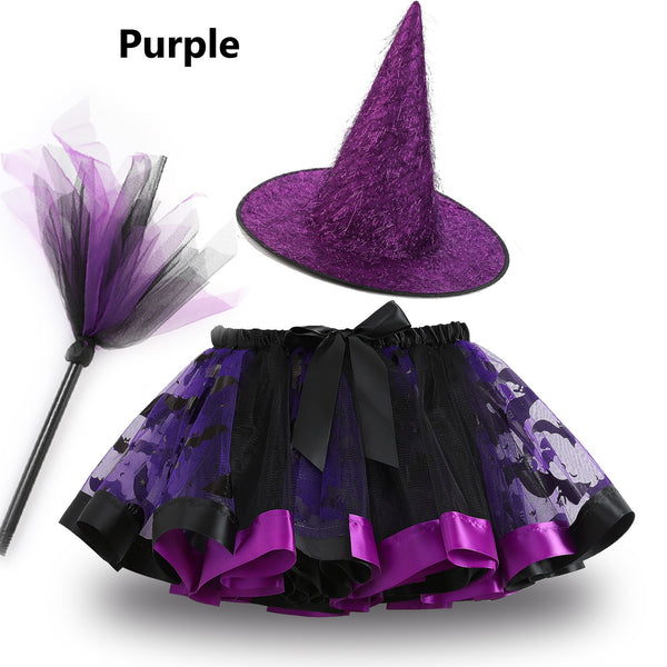 Halloween Printed Tutu Skirt + Hat + Broom