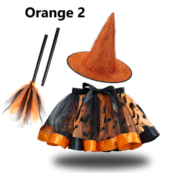Halloween Printed Tutu Skirt + Hat + Broom