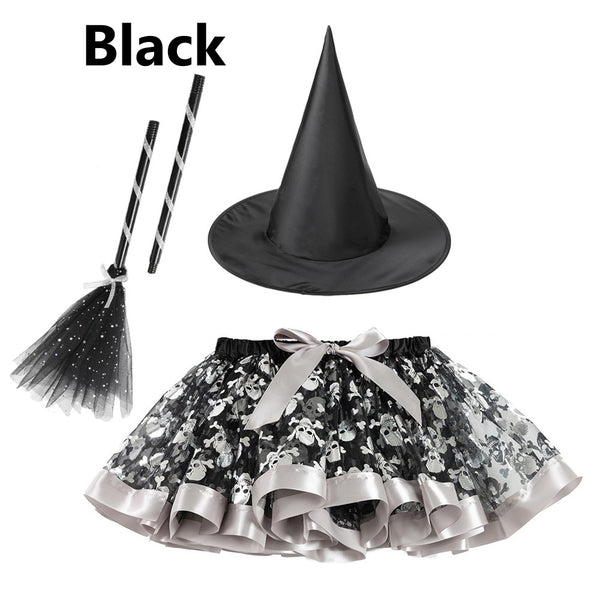 Halloween Printed Tutu Skirt + Hat + Broom