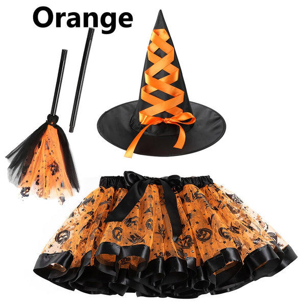 Halloween Printed Tutu Skirt + Hat + Broom