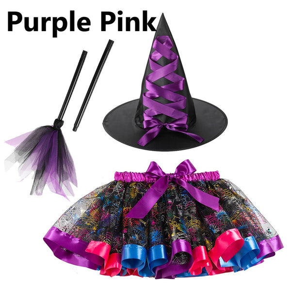 Halloween Printed Tutu Skirt + Hat + Broom