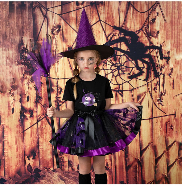 Halloween Printed Tutu Skirt + Hat + Broom