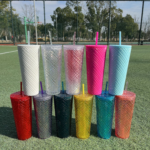 Diamond Grid Transparent 24oz Straw Cup