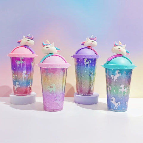 Unicorn Double Layer Plastic Straw Cup 450ml