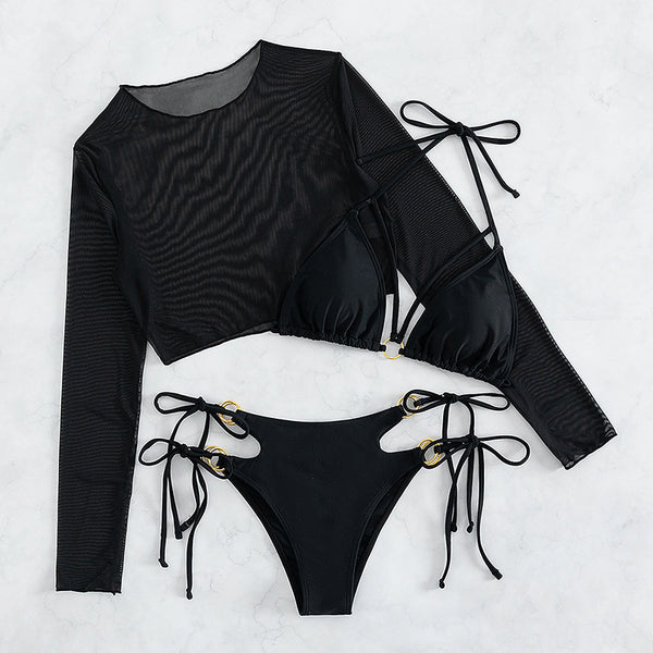 3 Piece Bikini Set With Long Sleeve Mesh Top