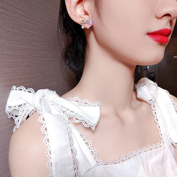 Bowknot Pearl Hypoallergenic Pendant Earrings