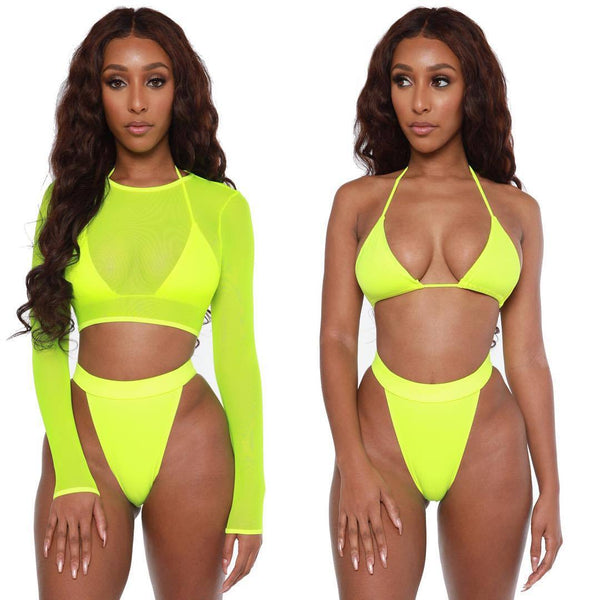 3 Piece Bikini Mesh Top Swimsuit 9074
