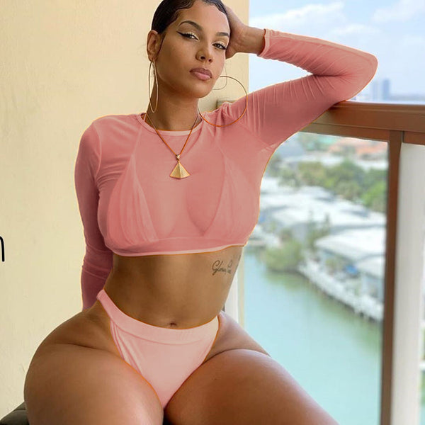 3 Piece Bikini Mesh Top Swimsuit 9074