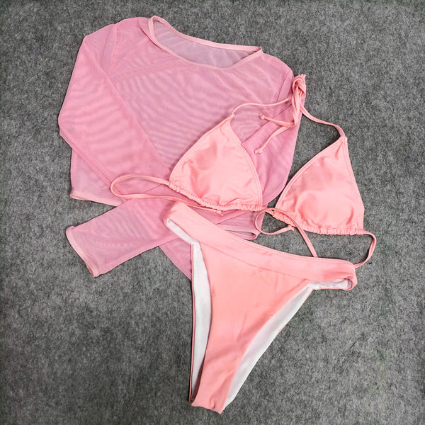 3 Piece Bikini Mesh Top Swimsuit 9074