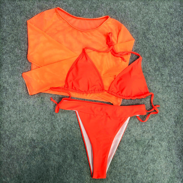 3 Piece Bikini Mesh Top Swimsuit 9074