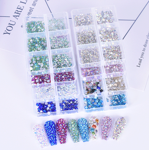 AB Glass Flat Bottom Nail Art Rhinestone 6 Grid Box