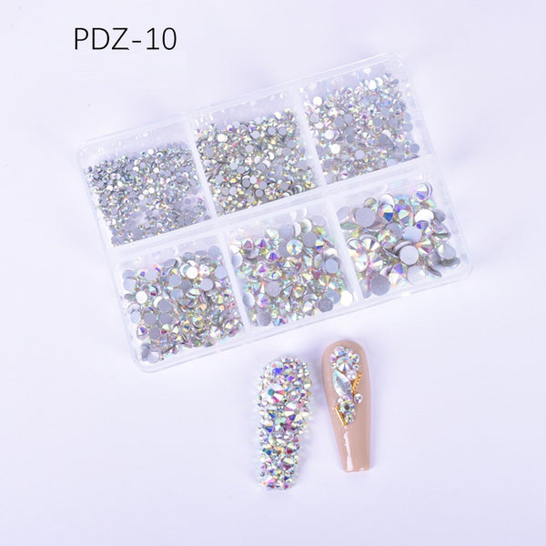 AB Glass Flat Bottom Nail Art Rhinestone 6 Grid Box