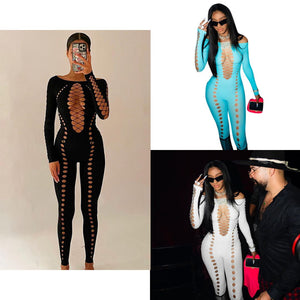 Off Shoulder Cut Out Fishnet Jumpsuit 583