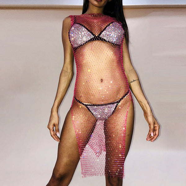 Rhinestone Fishnet Long Dress 946