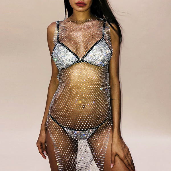 Rhinestone Fishnet Long Dress 946