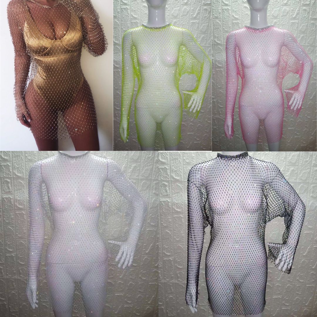 Rhinestone Fishnet Long Sleeve Dress 1071